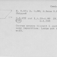 Index card with typed and handwritten information, sometimes including a sketch, of pottery from an excavation.