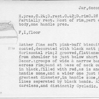 Index card with typed and handwritten information, sometimes including a sketch, of pottery from an excavation.