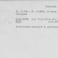 Index card with typed and handwritten information, sometimes including a sketch, of pottery from an excavation.