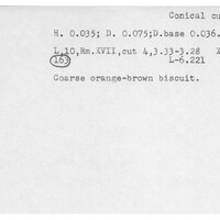 Index card with typed and handwritten information, sometimes including a sketch, of pottery from an excavation.