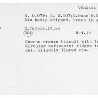 Index card with typed and handwritten information, sometimes including a sketch, of pottery from an excavation.