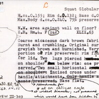 Index card with typed and handwritten information, sometimes including a sketch, of pottery from an excavation.