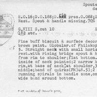 Index card with typed and handwritten information, sometimes including a sketch, of pottery from an excavation.