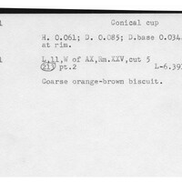 Index card with typed and handwritten information, sometimes including a sketch, of pottery from an excavation.