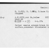 Index card with typed and handwritten information, sometimes including a sketch, of pottery from an excavation.