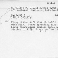 Index card with typed and handwritten information, sometimes including a sketch, of pottery from an excavation.