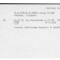 Index card with typed and handwritten information, sometimes including a sketch, of pottery from an excavation.
