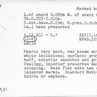 Index card with typed and handwritten information, sometimes including a sketch, of pottery from an excavation.