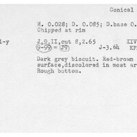Index card with typed and handwritten information, sometimes including a sketch, of pottery from an excavation.