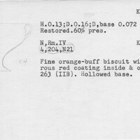 Index card with typed and handwritten information, sometimes including a sketch, of pottery from an excavation.