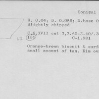 Index card with typed and handwritten information, sometimes including a sketch, of pottery from an excavation.