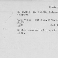 Index card with typed and handwritten information, sometimes including a sketch, of pottery from an excavation.