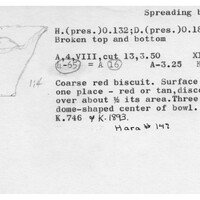 Index card with typed and handwritten information, sometimes including a sketch, of pottery from an excavation.