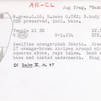 Index card with typed and handwritten information, sometimes including a sketch, of pottery from an excavation.