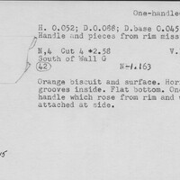 Index card with typed and handwritten information, sometimes including a sketch, of pottery from an excavation.