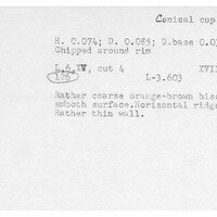 Index card with typed and handwritten information, sometimes including a sketch, of pottery from an excavation.