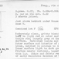 Index card with typed and handwritten information, sometimes including a sketch, of pottery from an excavation.
