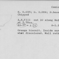 Index card with typed and handwritten information, sometimes including a sketch, of pottery from an excavation.