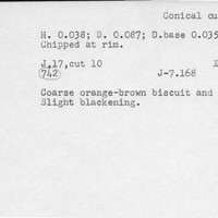 Index card with typed and handwritten information, sometimes including a sketch, of pottery from an excavation.