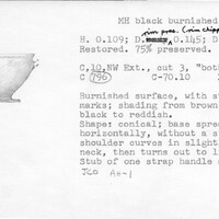 Index card with typed and handwritten information, sometimes including a sketch, of pottery from an excavation.