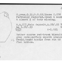 Index card with typed and handwritten information, sometimes including a sketch, of pottery from an excavation.