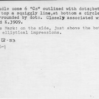 Index card with typed and handwritten information, sometimes including a sketch, of pottery from an excavation.