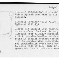 Index card with typed and handwritten information, sometimes including a sketch, of pottery from an excavation.