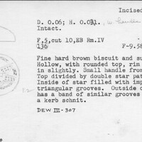 Index card with typed and handwritten information, sometimes including a sketch, of pottery from an excavation.