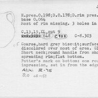 Index card with typed and handwritten information, sometimes including a sketch, of pottery from an excavation.