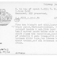 Index card with typed and handwritten information, sometimes including a sketch, of pottery from an excavation.