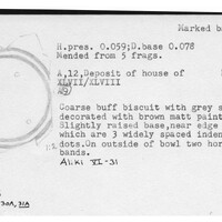 Index card with typed and handwritten information, sometimes including a sketch, of pottery from an excavation.