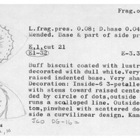 Index card with typed and handwritten information, sometimes including a sketch, of pottery from an excavation.