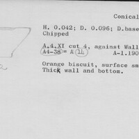 Index card with typed and handwritten information, sometimes including a sketch, of pottery from an excavation.