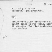 Index card with typed and handwritten information, sometimes including a sketch, of pottery from an excavation.