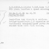 Index card with typed and handwritten information, sometimes including a sketch, of pottery from an excavation.