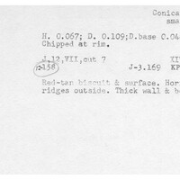 Index card with typed and handwritten information, sometimes including a sketch, of pottery from an excavation.