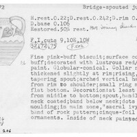 Index card with typed and handwritten information, sometimes including a sketch, of pottery from an excavation.