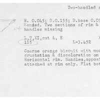 Index card with typed and handwritten information, sometimes including a sketch, of pottery from an excavation.