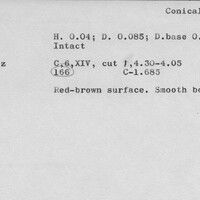 Index card with typed and handwritten information, sometimes including a sketch, of pottery from an excavation.