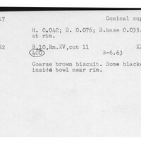 Index card with typed and handwritten information, sometimes including a sketch, of pottery from an excavation.