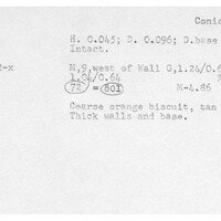 Index card with typed and handwritten information, sometimes including a sketch, of pottery from an excavation.