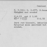 Index card with typed and handwritten information, sometimes including a sketch, of pottery from an excavation.