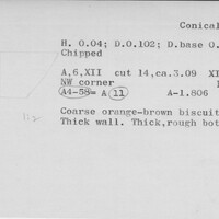 Index card with typed and handwritten information, sometimes including a sketch, of pottery from an excavation.