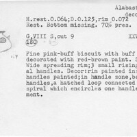 Index card with typed and handwritten information, sometimes including a sketch, of pottery from an excavation.