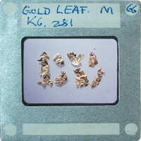 Gold leaf samples on a card with labels and numbers.