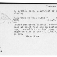 Index card with typed and handwritten information, sometimes including a sketch, of pottery from an excavation.