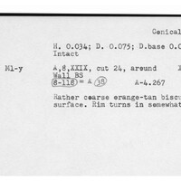 Index card with typed and handwritten information, sometimes including a sketch, of pottery from an excavation.