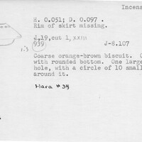 Index card with typed and handwritten information, sometimes including a sketch, of pottery from an excavation.