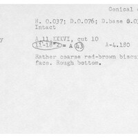 Index card with typed and handwritten information, sometimes including a sketch, of pottery from an excavation.