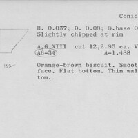 Index card with typed and handwritten information, sometimes including a sketch, of pottery from an excavation.